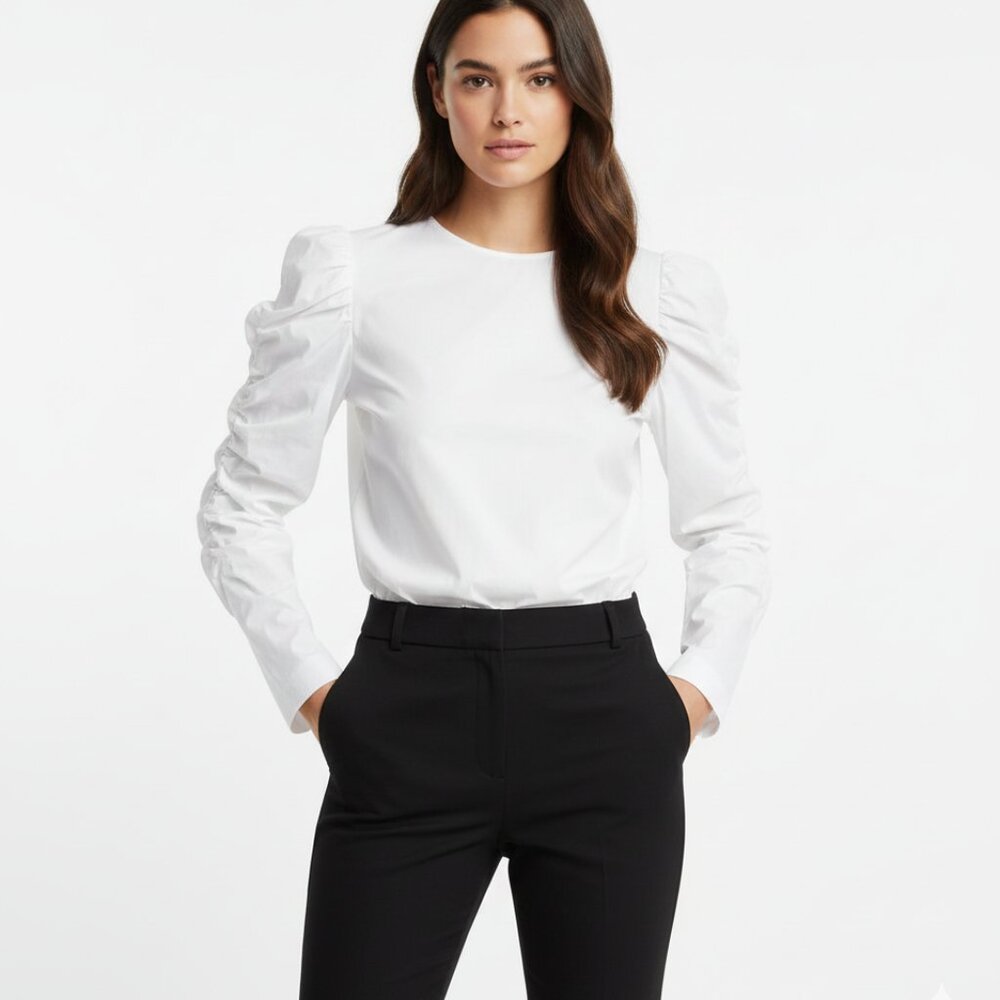 COSTER COPENHAGEN WHITE COTTON RUCHED LONG SLEEVE BLOUSE TOP STYLE 204-1431 - XS